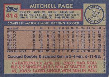 1984 Topps #414 Mitchell Page Back
