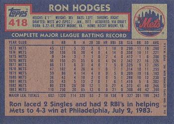1984 Topps #418 Ron Hodges Back