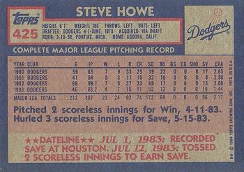 1984 Topps #425 Steve Howe Back