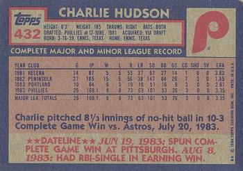 1984 Topps #432 Charlie Hudson Back