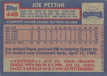 1984 Topps #449 Joe Pettini Back