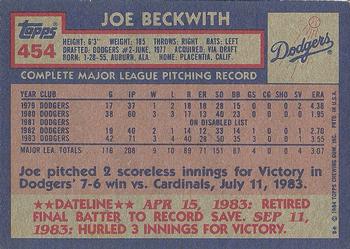 1984 Topps #454 Joe Beckwith Back