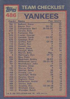 1984 Topps #486 Yankees Leaders / Checklist (Don Baylor / Ron Guidry) Back