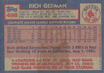 1984 Topps #498 Rich Gedman Back