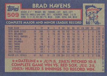 1984 Topps #509 Brad Havens Back