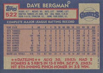 1984 Topps #522 Dave Bergman Back