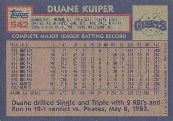 1984 Topps #542 Duane Kuiper Back