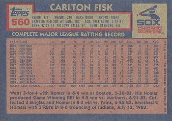 1984 Topps #560 Carlton Fisk Back