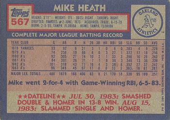 1984 Topps #567 Mike Heath Back