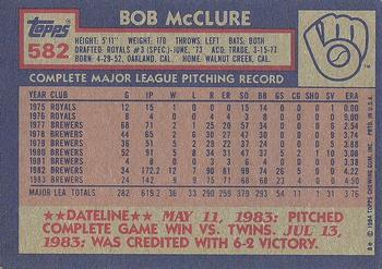 1984 Topps #582 Bob McClure Back