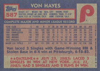 1984 Topps #587 Von Hayes Back