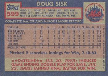 1984 Topps #599 Doug Sisk Back