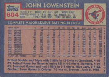 1984 Topps #604 John Lowenstein Back
