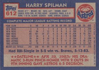 1984 Topps #612 Harry Spilman Back