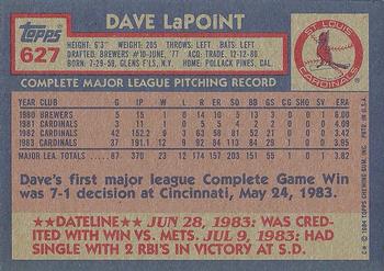 1984 Topps #627 Dave LaPoint Back
