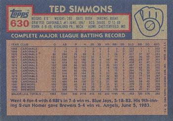 1984 Topps #630 Ted Simmons Back