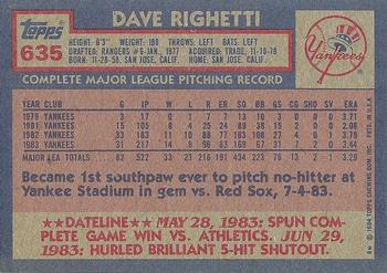 1984 Topps #635 Dave Righetti Back
