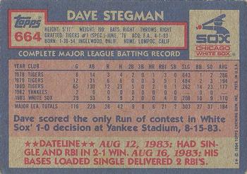 1984 Topps #664 Dave Stegman Back