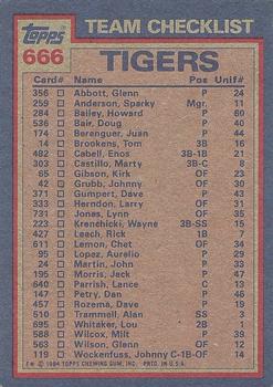 1984 Topps #666 Tigers Leaders / Checklist (Lou Whitaker / Jack Morris) Back
