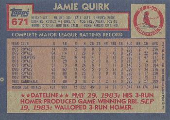 1984 Topps #671 Jamie Quirk Back