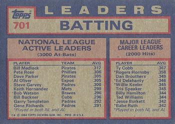 1984 Topps #701 NL Active Career Batting Leaders (Bill Madlock / Pete Rose / Dave Parker) Back