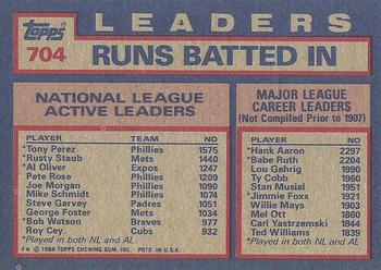 1984 Topps #704 NL Active Career RBI Leaders (Tony Perez / Rusty Staub / Al Oliver) Back