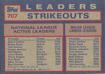 1984 Topps #707 NL Active Career Strikeout Leaders (Steve Carlton / Nolan Ryan / Tom Seaver) Back