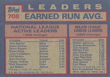 1984 Topps #708 NL Active Career ERA Leaders (Tom Seaver / Steve Carlton / Steve Rogers) Back