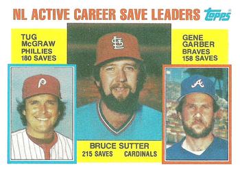 1984 Topps #709 NL Active Career Save Leaders (Bruce Sutter / Tug McGraw / Gene Garber) Front