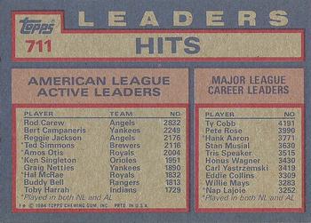 1984 Topps #711 AL Active Career Hit Leaders (Rod Carew / Bert Campaneris / Reggie Jackson) Back