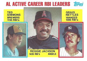 1984 Topps #713 AL Active Career RBI Leaders (Reggie Jackson / Ted Simmons / Graig Nettles) Front
