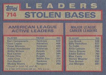 1984 Topps #714 AL Active Career Stolen Base Leaders (Bert Campaneris / Dave Lopes / Omar Moreno) Back