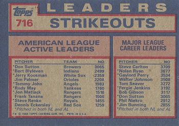 1984 Topps #716 AL Active Career Strikeout Leaders (Don Sutton / Bert Blyleven / Jerry Koosman) Back