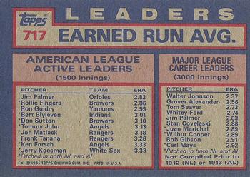 1984 Topps #717 AL Active Career ERA Leaders (Jim Palmer / Rollie Fingers / Ron Guidry) Back