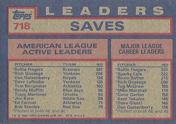 1984 Topps #718 AL Active Career Save Leaders (Rollie Fingers / Rich Gossage / Dan Quisenberry) Back