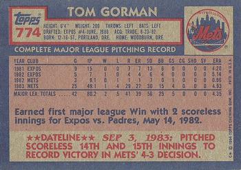 1984 Topps #774 Tom Gorman Back