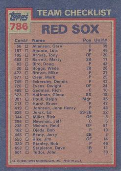 1984 Topps #786 Red Sox Leaders / Checklist (Wade Boggs / Bob Ojeda) Back