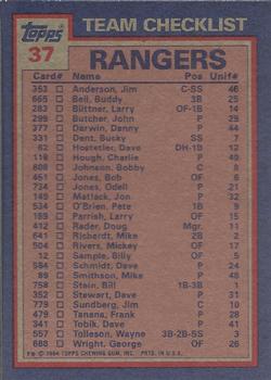 1984 Topps #37 Rangers Leaders / Checklist (Buddy Bell / Rick Honeycutt) Back
