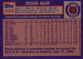 1984 Topps #536 Doug Bair Back