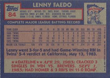 1984 Topps #84 Lenny Faedo Back