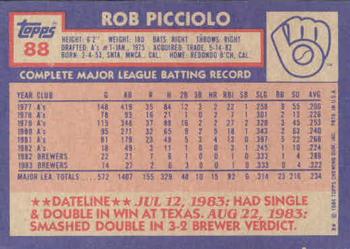 1984 Topps #88 Rob Picciolo Back