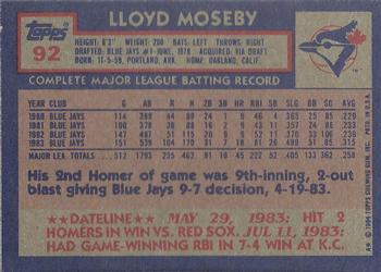 1984 Topps #92 Lloyd Moseby Back