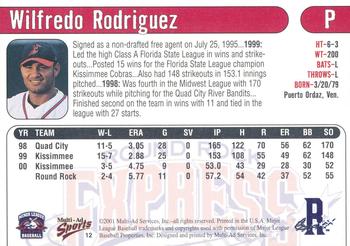 2001 Multi-Ad Round Rock Express #12 Wilfredo Rodriguez Back