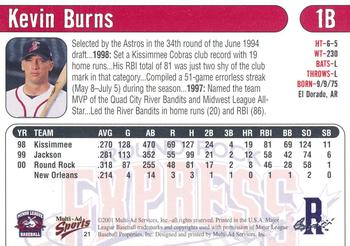 2001 Multi-Ad Round Rock Express #21 Kevin Burns Back
