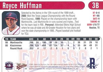 2001 Multi-Ad Round Rock Express #23 Royce Huffman Back