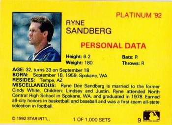 1992 Star Platinum #9 Ryne Sandberg Back
