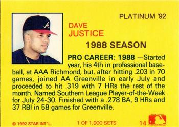 1992 Star Platinum #14 Dave Justice Back
