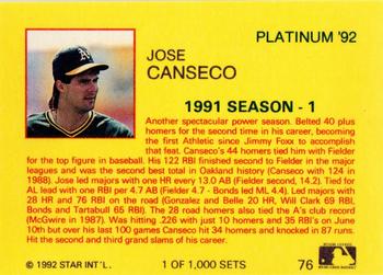 1992 Star Platinum #76 Jose Canseco Back