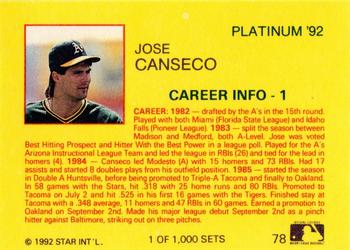1992 Star Platinum #78 Jose Canseco Back
