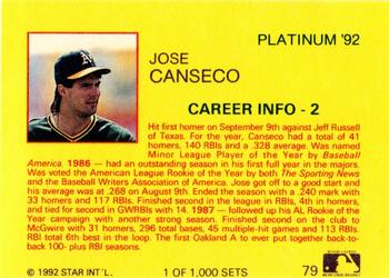 1992 Star Platinum #79 Jose Canseco Back